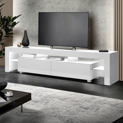  TV Cabinet Entertainment Unit Stand RGB LED Gloss Furniture 2 Drawers 200cm White