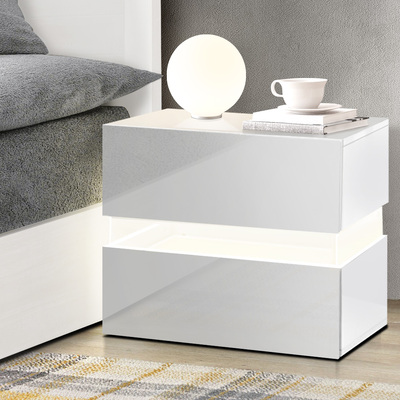  Bedside Table 2 Drawers RGB LED Side Nightstand High Gloss Cabinet White