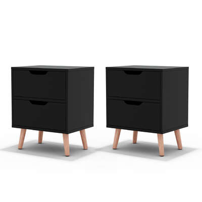 Set of 2 Bedside Table 2 Drawers With Shelf Black Finish
