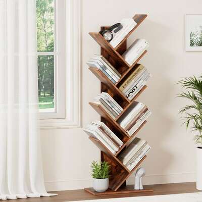 Tree Bookshelf 9 Tiers Walnut  Elegant Vertical Wooden Storage Rack