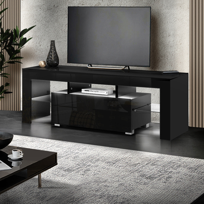  TV Cabinet Entertainment Unit Stand RGB LED Gloss Furniture 130cm Black