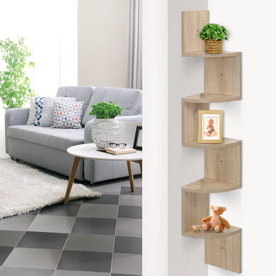 5 Tier Corner Wall Floating Shelf Mount Display Bookshelf Rack Oak