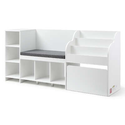 Kids Storage Unit 170cm Bookshelf Toy Box Organiser Bench Seat Cabinet White