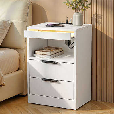 Bedside Table LED Nightstand Charging Station 2 Drawers | EXTG