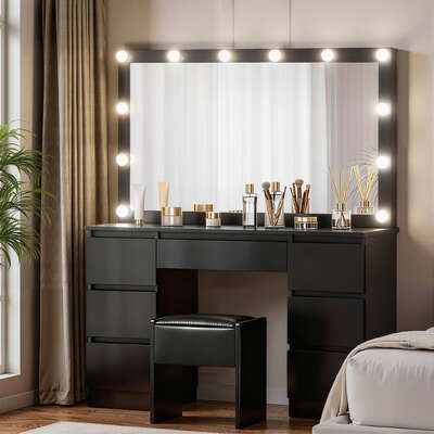Dressing Table Vanity Desk Set with Stool 12 LED Bulbs Black Makeup Table