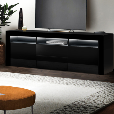  TV Cabinet Entertainment Unit Stand RGB LED High Gloss Furniture Storage Drawers Shelf 200cm Black