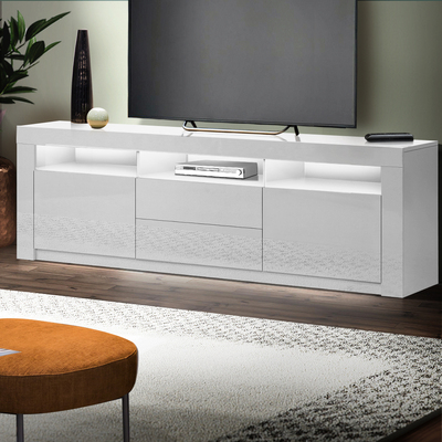  TV Cabinet Entertainment Unit Stand RGB LED High Gloss Furniture Storage Drawers Shelf 200cm White