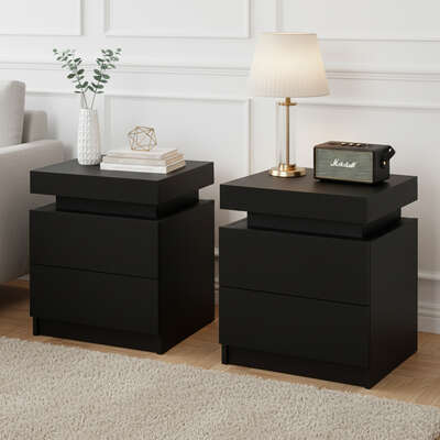 2X Bedside Table 2 Drawers Lift-up Storage Black