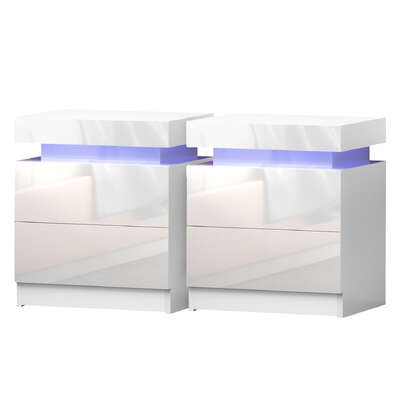 Bedside Table LED 2 Drawers With Lift Up Storage White