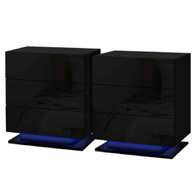 Bedside Table LED 3 Drawers With Shelf Black Finish