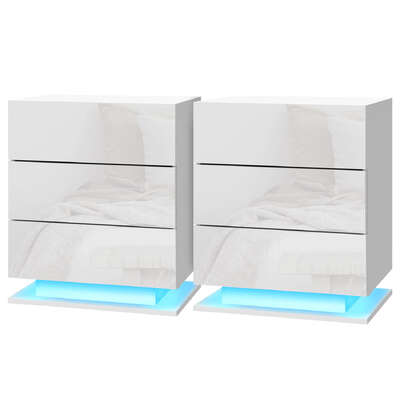 Bedside Table LED 3 Drawers With Shelf White Finish