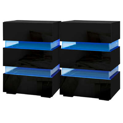 Bedside Table LED 3 Drawers With Shelf Black Finish