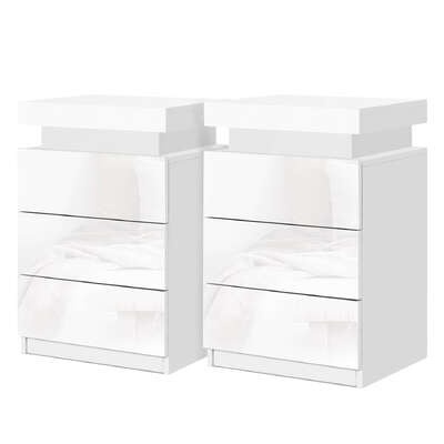 Bedside Table LED 3 Drawers With Shelf White Finish