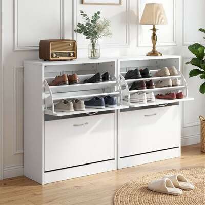 Shoe Cabinet Flip Drawer Storage White 2 Pack | EXTG