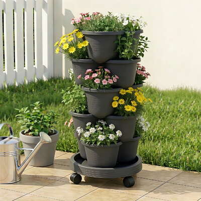 Vertical Garden Planter 5 Tier Stackable Garden Tower With Wheels Black