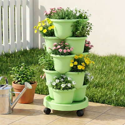 Vertical Garden Tower 5 Tier Stackable Planter With Wheels Light Green