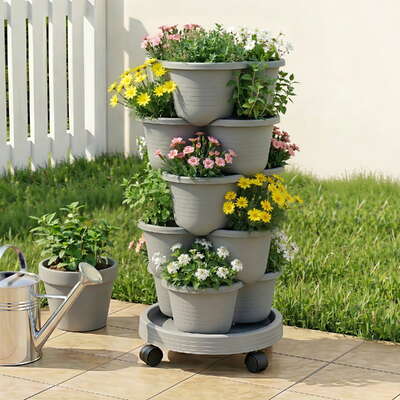 Vertical Garden Planter 5 Tier Stackable Garden Tower With Wheels Grey