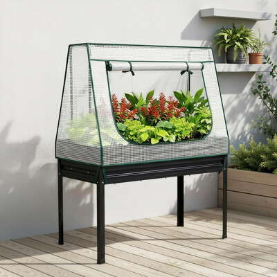 Elevated Metal Garden Bed Kit w Mini Greenhouse Cover 116x60cm Stand-Up Height Trellis