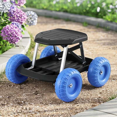 Heavy Duty Garden Cart Seat with Wheels Rolling Work Stool Tool Storage Blue/Black