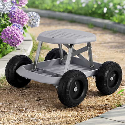Garden Cart Seat with Wheels Rolling Work Stool Heavy Duty 440lbs Tool Storage Grey/Black