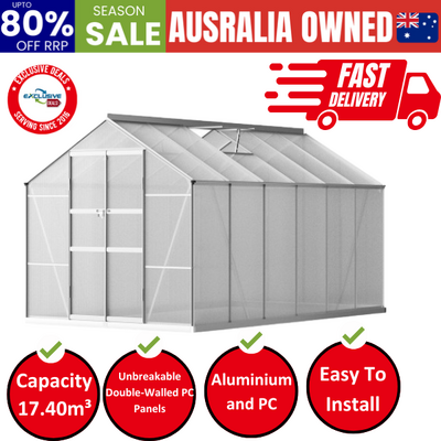 Greenhouse 3x2.5x2.26M Double Doors Aluminium Green House Garden Shed