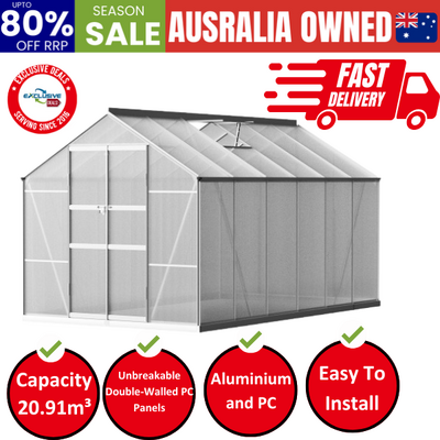 Greenhouse 3.7x2.5x2.26M Double Doors Aluminium Green House Garden Shed