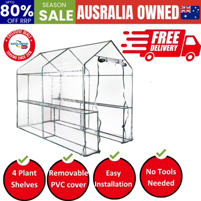 Greenhouse Tunnel - Walk-In Clear Garden Shed with 4 Shelves 1.2x1.9x1.9m