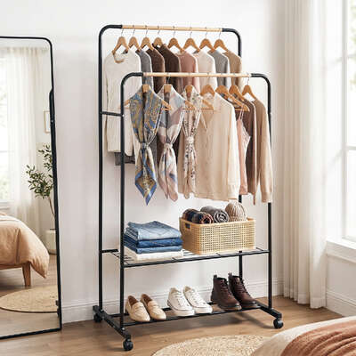 Clothes Rack Double Rod Airer Rail Coat Stand Hanger Storage Shelf