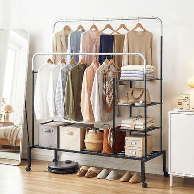 Clothes Rack Double Rod Airer Rail Coat Stand Hanger Storage Shelf