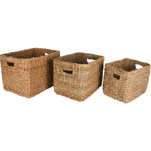 Set of 3 Seagrass Rectangle Basket With Handle 42 x 32cm x 30cm