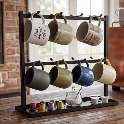 Mug Rack 2 Tier 16 Hook Coffee Cup Holder | EXTG
