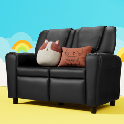 Kids Recliner Chair Double Pu Leather Sofa Lounge Couch Armchair Black