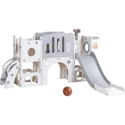 Kids Slide and Swing Set With Ball Hoop Rings and Football Outdoor Toy