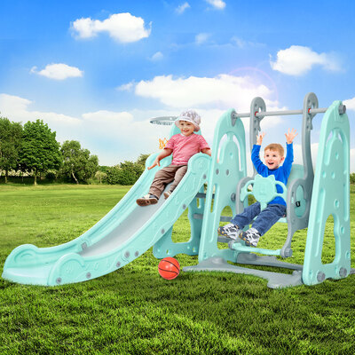 Kids Slide Swing Outdoor Indoor Playground Basketball Hoop Toddler Play Green