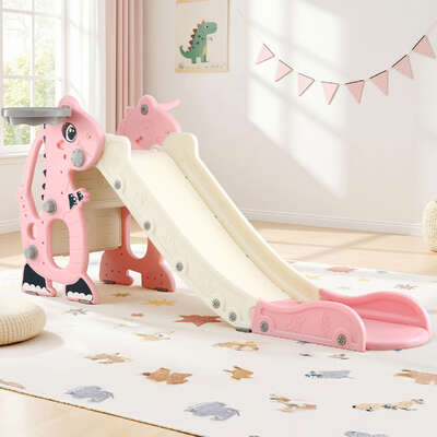 Kids Slide Set 125cm Outdoor Playground Toy with Basketball Hoop Dragon Pink