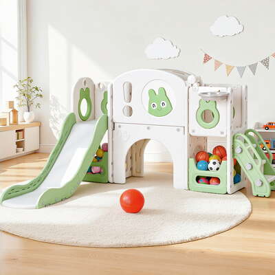 Kids Slide Swing Set Ball Hoop Rings Football Outdoor Toys Green