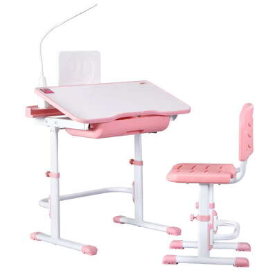 Kids Table and Chair Set Adjustable Study Desk w/ LED Lamp Reading Pink
