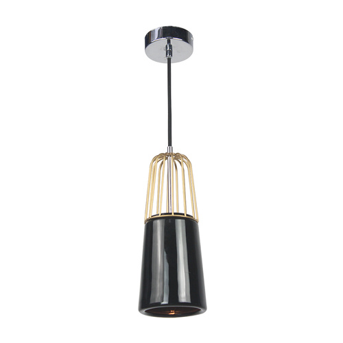 Pendant Light Brass Metal Wire and Black Porcelain 11 x 145cm