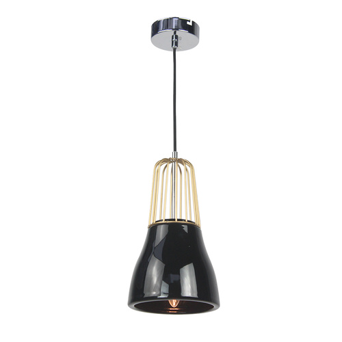 Pendant Light Brass Metal Wire and Black Porcelain 14 x 145cm