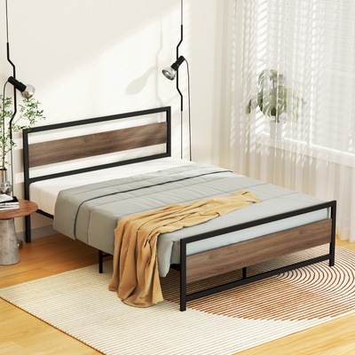 Double Size Metal Bed Frame with Wooden Headboard - Black DREW