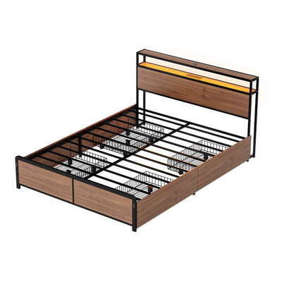 Double Metal Bed Frame With Storage Headboard 4 Drawers LED Lights Charging Station Vintage Brown