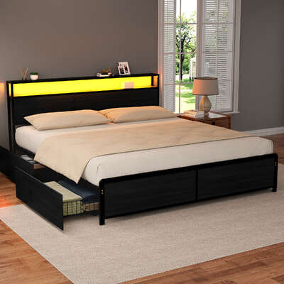 King Metal Bed Frame Storage Headboard with LED Charge Station & 4 Drawers
