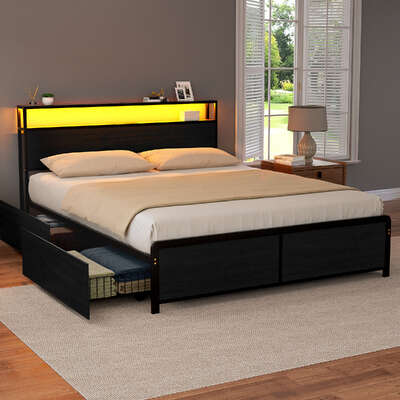Queen Metal Bed Frame Storage Headboard with LED Charge Station & 4 Drawers