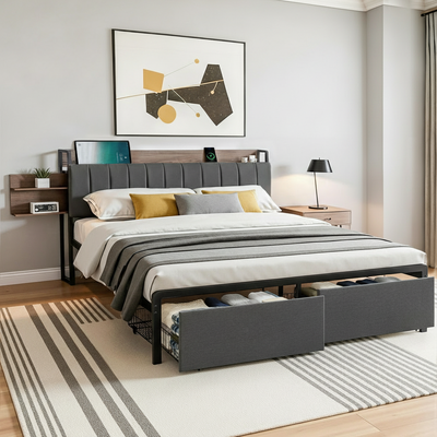 King Size Metal Bed Frame With 2-Tier Hidden Storage and Charging Station