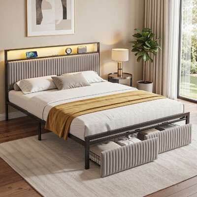 Queen LED Bed Frame Drawers Charging Station | EXTG