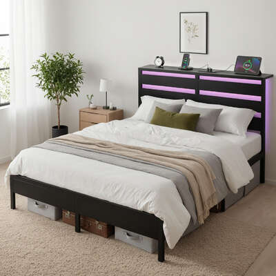 Queen Size Metal Bed Frame With LED Lights And Charging Station