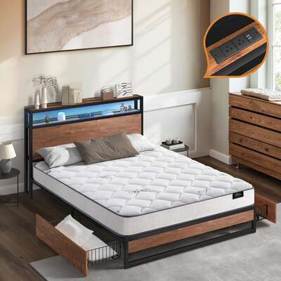 Double Bed Frame LED Storage Drawers USB Mattress | EXTG