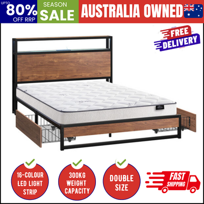 Industrial Metal Bed Frame Double with LED, 2 Drawers, USB Ports & Mattress 204cm