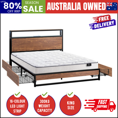 King Bed Frame LED USB Storage Drawers Metal w/ Mattress Industrial