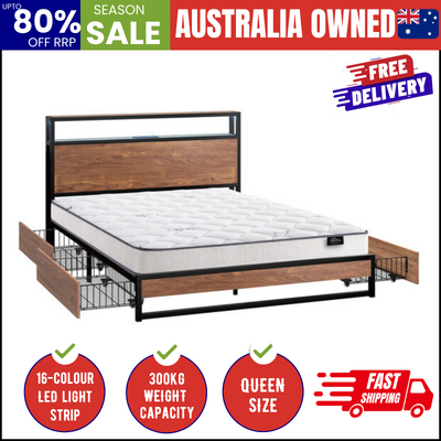 Industrial Metal Bed Frame Queen with LED, 4 Drawers, USB Ports & Mattress 219cm